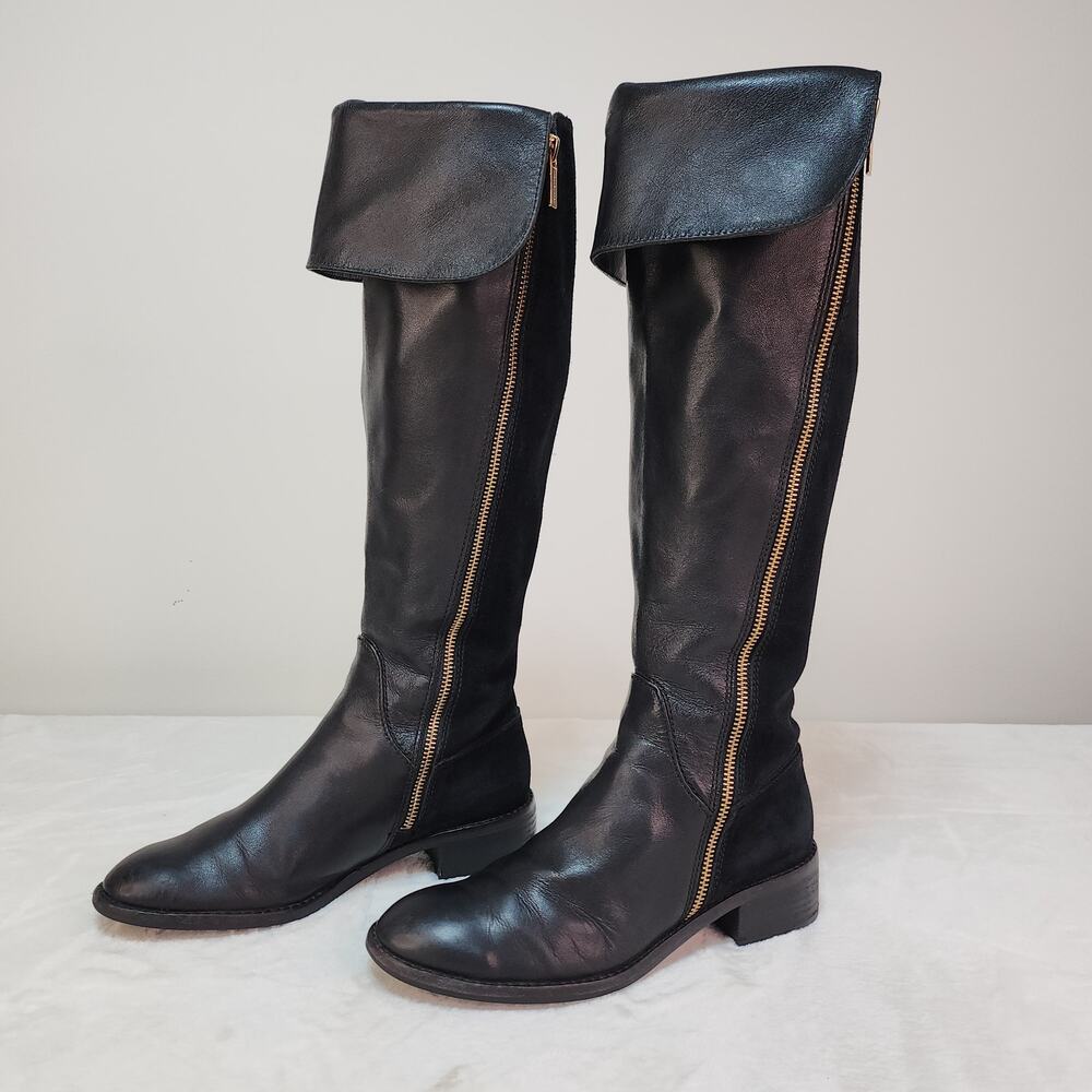 Whimsigoth Equestrian Black Leather Knee High Boots 7 Steampunk Gold Glam Goth